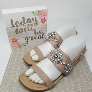 BCBGENERATION TAN SANDALS. SIZE 7M. SPARKLY, JEWEL STUDDED